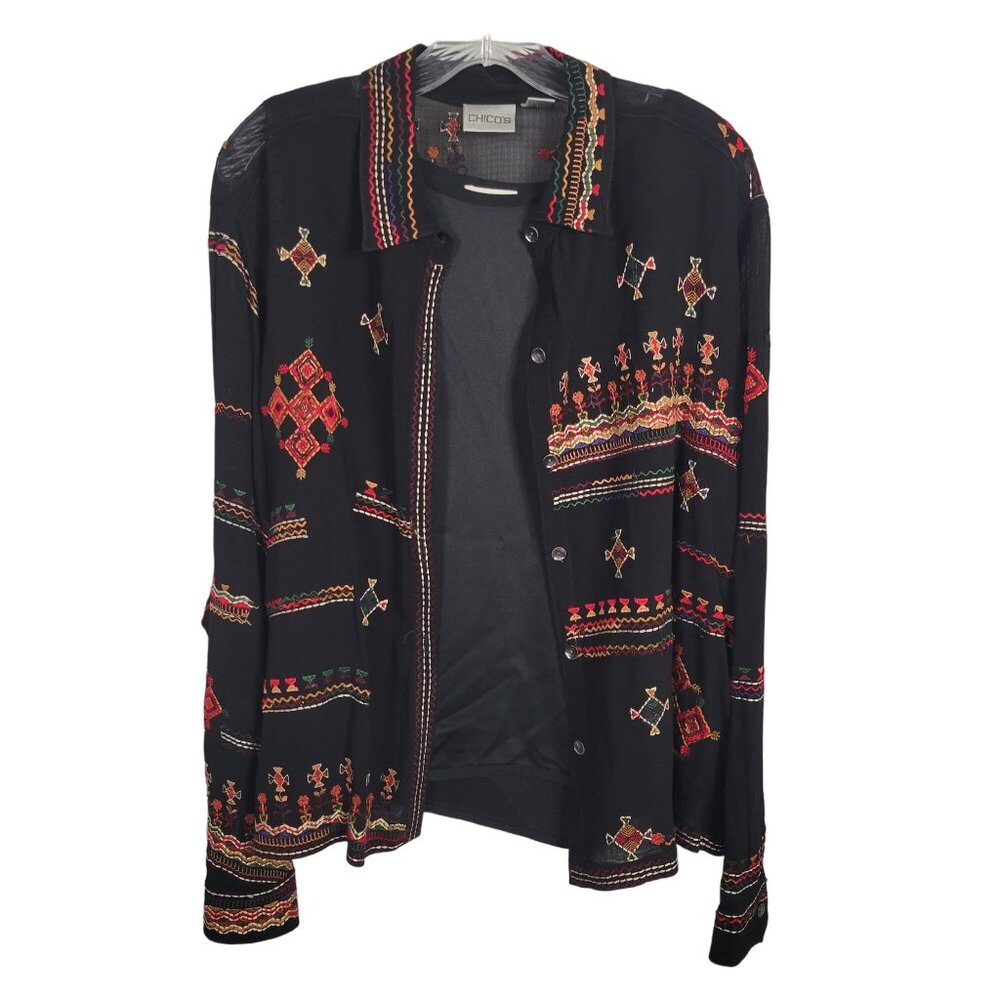 Chico's 2 Size L Twin Set Satin Tank Embroidered Beaded Crepe Shirt Jacket - Picture 1 of 14